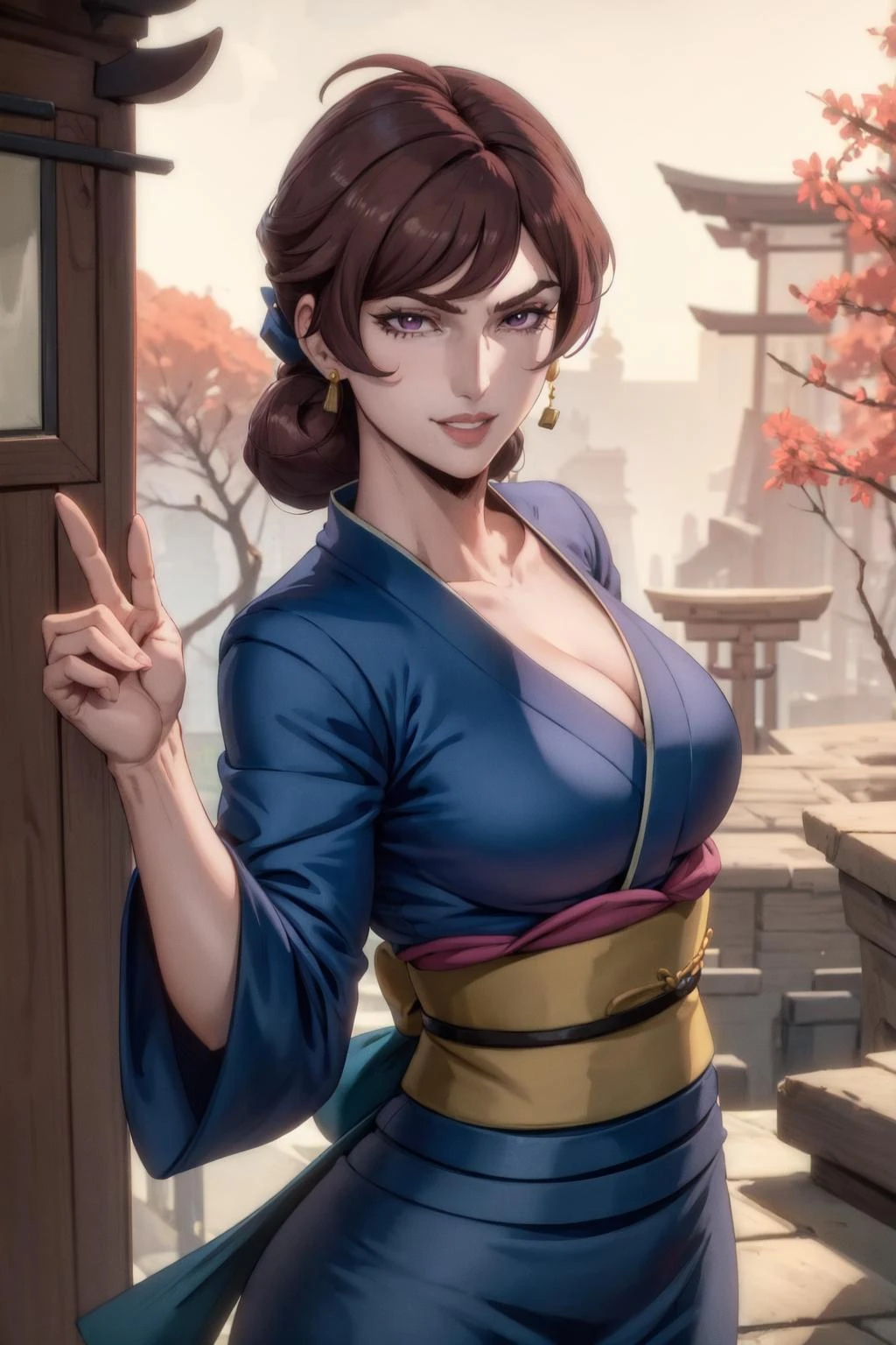 julia belmont,1girl,solo,purple eeyes brown hair,short hair,(pink kimono:1.5), japanese forest, shrine, outdoors, smile,medium breasts, (cleavage:0.85), (best quality, masterpiece) <lora:julia_belmont_v1:1>