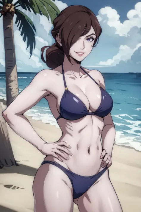 julia belmont,1girl,solo, beach, palm tree, ocean, upper body, purple eyes,(purple bikini:1.2), short hair, short ponytail, brown hair,contrapposto, smile, hand on hip,arm at side, hair over one eye, (best quality, masterpiece) <lora:julia_belmont_v1:1>