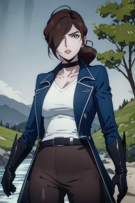 julia belmont,1girl,solo, blue sky, nature, river, upper body, black gloves, (black belt,multiple belts), purple eyes,arms at sides, white shirt, blue long coat, black choker, short hair, short ponytail, brown hair,standing,hair over one eye,(brown pants), (best quality, masterpiece) <lora:julia_belmont_v1:1>