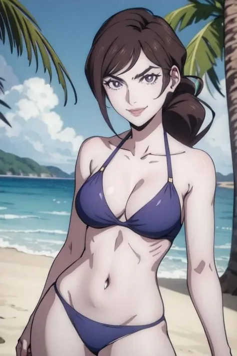 julia belmont,1girl,solo, beach, palm tree, ocean, upper body, purple eyes,(purple bikini:1.2), short hair, short ponytail, brown hair,contrapposto, smile, (best quality, masterpiece) <lora:julia_belmont_v1:1>