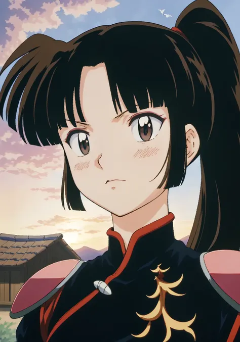 Sango, 1girl, (full body) shot, photorealistic, (hyperrealistic:1.2), perfect eyes, perfect face, perfect lighting, outdoors, warm colors, village, sunset, birds in the sky, fist
