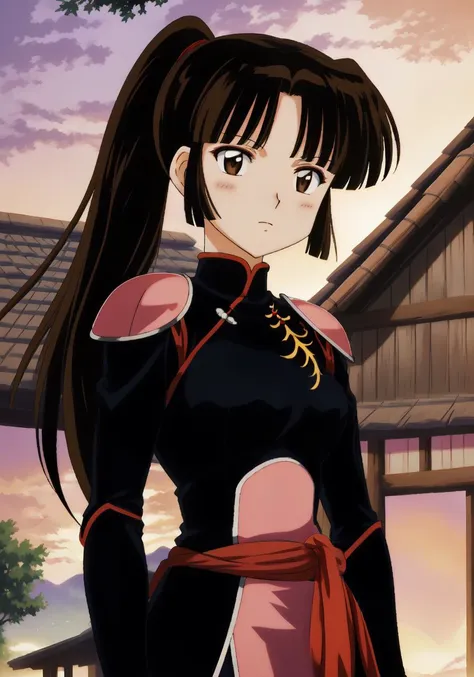 Sango, 1girl, (full body) shot, photorealistic, (hyperrealistic:1.2), perfect eyes, perfect face, perfect lighting, outdoors, warm colors, village, sunset,
