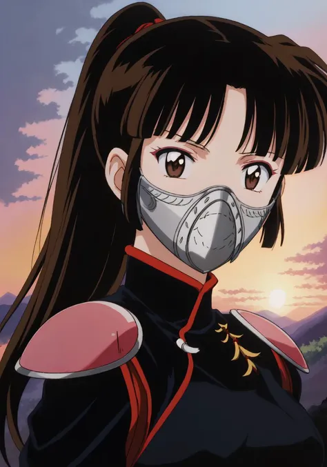 Sango, 1girl, wearing steel mask, full body shot, photorealistic, (hyperrealistic:1.2), perfect eyes, perfect face, perfect lighting, outdoors, warm colors, mountains, sunrise,