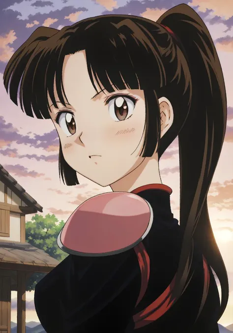 Sango, 1girl, (full body) shot, photorealistic, (hyperrealistic:1.2), perfect eyes, perfect face, perfect lighting, outdoors, warm colors, village, sunset,