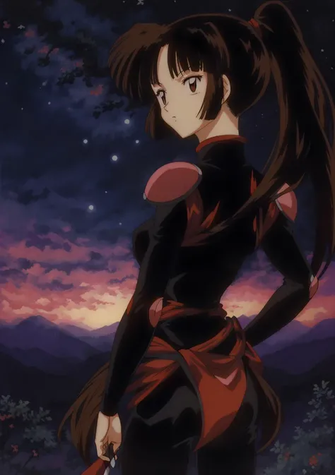 <lora:Sango:1> , Sango, anime, ((woman)), perfect lighting, outdoors, warm colors, night sky full of stars, photorealistic, (hyperrealistic:1.2), perfect eyes, standing on a hill, ((from a distance)), (rumiko takahashi:1.00)