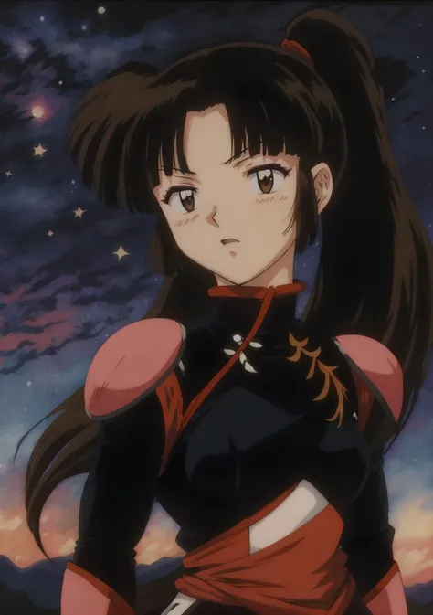 <lora:Sango:1> , Sango, anime, ((woman)), perfect lighting, outdoors, warm colors, night sky full of stars, \(inuyasha\), photorealistic, (hyperrealistic:1.2), perfect eyes, standing on a hill, ((from a distance))