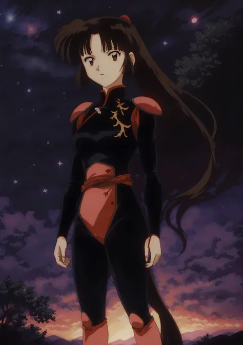 <lora:Sango:1> , Sango, anime, ((woman)), perfect lighting, outdoors, warm colors, night sky full of stars, photorealistic, (hyperrealistic:1.2), perfect eyes, standing on a hill, ((from a distance)), (rumiko takahashi:1.00)