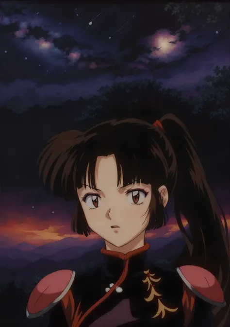 <lora:Sango:1> , Sango, anime, ((woman)), perfect lighting, outdoors, warm colors, night sky full of stars, photorealistic, (hyperrealistic:1.2), perfect eyes, standing on a hill, ((from a distance)), (rumiko takahashi:1.00)