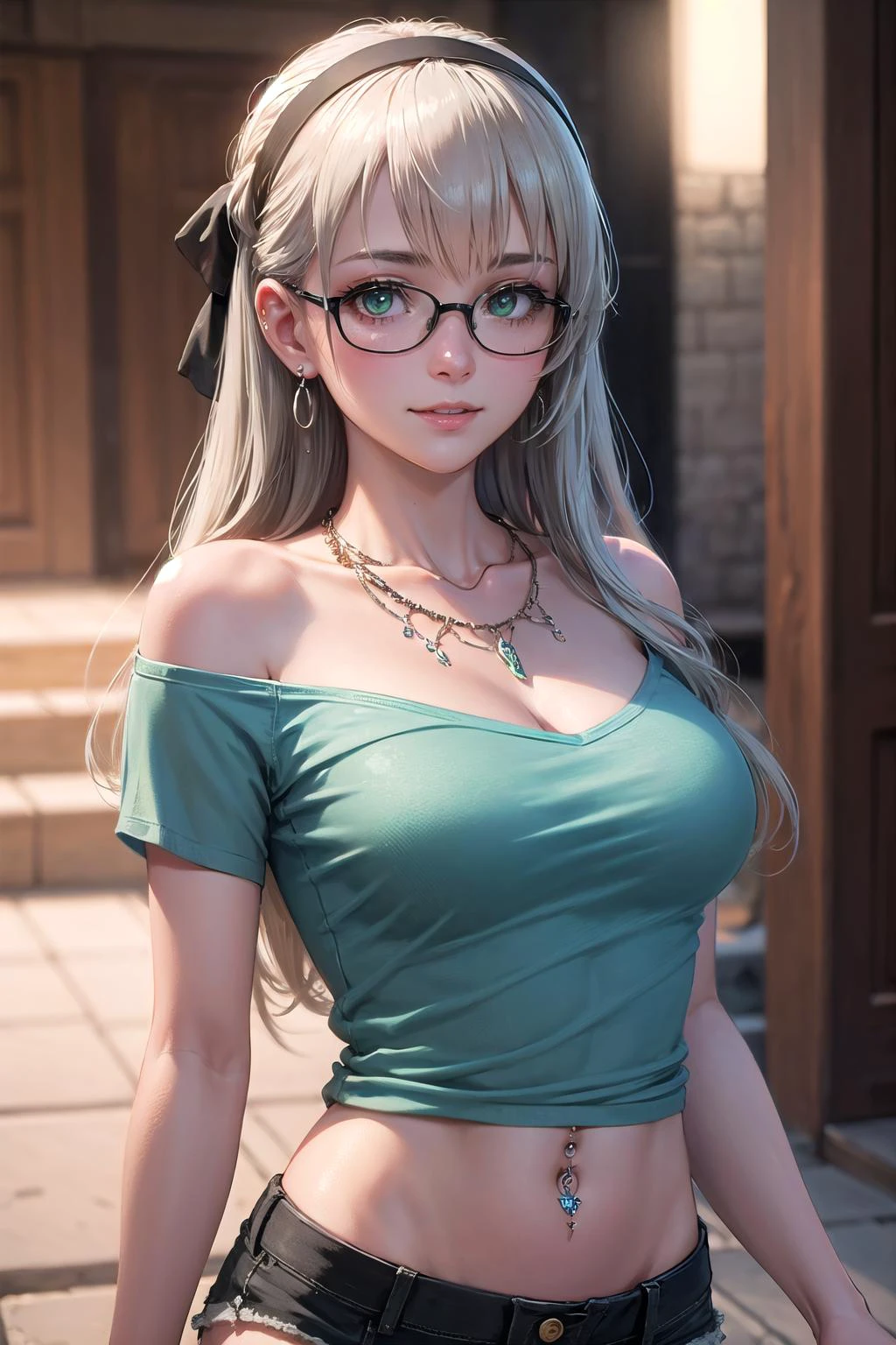 (highly detailed:1.3),
1girl, solo,
<lora:elie-nvwls-v2-zero:0.8> elie macdowell, green eyes, hairband, hair ribbon, (black short shorts:1.4), (bohemian chic fashion:1.2), (simple shirt:1.5), bare shoulders, navel, midriff, (jewelry:1.3), (semi-rimless eyewear:1.2), (light smile:1.1), (diamond necklace:1.3), (diamond earrings:1.2), (navel piercing:1.3), (pubic tattoo:1.2), (open shorts:1.2),
Ultra-detail, (highres:1.1), best quality, (masterpiece:1.3), cinematic lighting,
(highly detailed face and eyes:1.3),