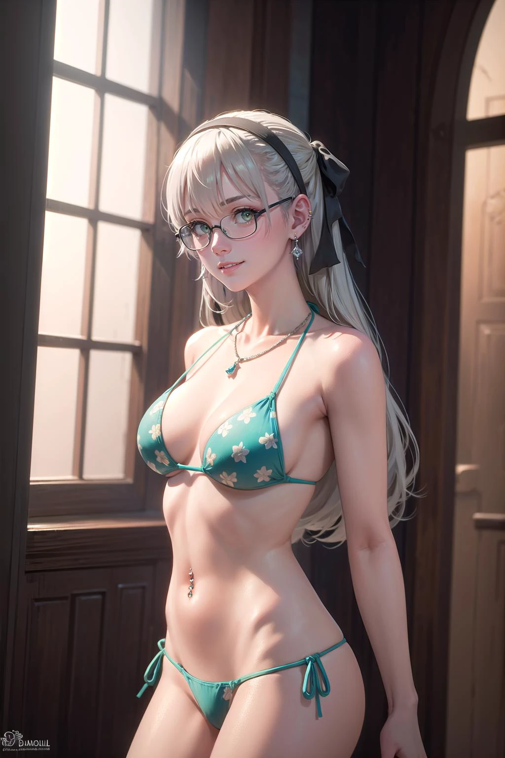 <lora:GoodHands-beta2_2:1>,
(highly detailed:1.3),
1girl, solo,
<lora:elie-nvwls-v2-zero:0.8> elie macdowell, green eyes, hairband, hair ribbon, (bohemian chic fashion:1.2), (thong bikini:1.5), bare shoulders, navel, midriff, (jewelry:1.3), (semi-rimless eyewear:1.2), (light smile:1.1), (diamond necklace:1.3), (diamond earrings:1.2), (visible thong straps:1.3),(navel piercing:1.3), (pubic tattoo:1.1),
Ultra-detail, (highres:1.1), best quality, (masterpiece:1.3), cinematic lighting,
(highly detailed face and eyes:1.3),