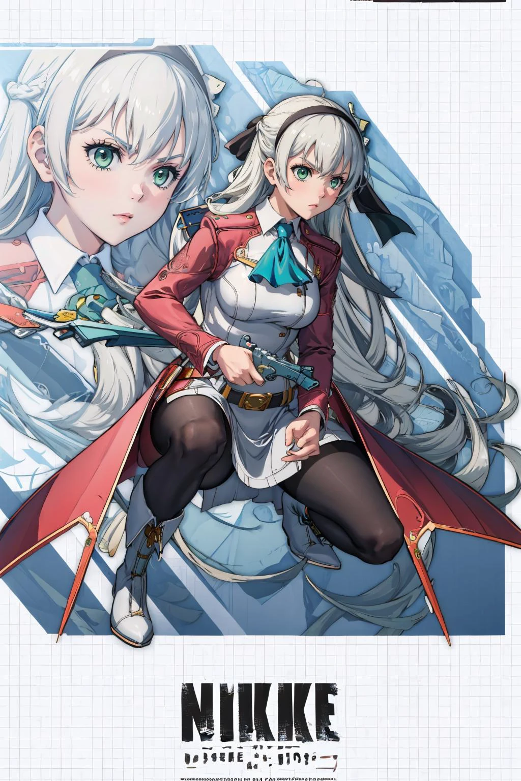 masterpiece, best quality, <lora:NikkeProfile:1> IncrsNikkeProfile, full body, zoom layer, holding weapon, holding gun, one knee <lora:elie-nvwls-v2-zero:0.8> elie macdowell, green eyes, hairband, blue ascot, hair ribbon, long sleeves, belt, pantyhose, white boots, serious