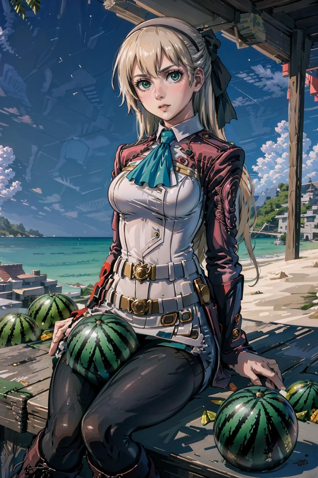 masterpiece, best quality, <lora:elie-nvwls-v2-zero:0.7> elie macdowell, green eyes, hairband, blue ascot, hair ribbon, long sleeves, belt, pantyhose, white boots, <lora:WatermelonBetweenThighs:1> IncrsBetweenThighs, watermelon, between thighs, sitting, beach, watermelon