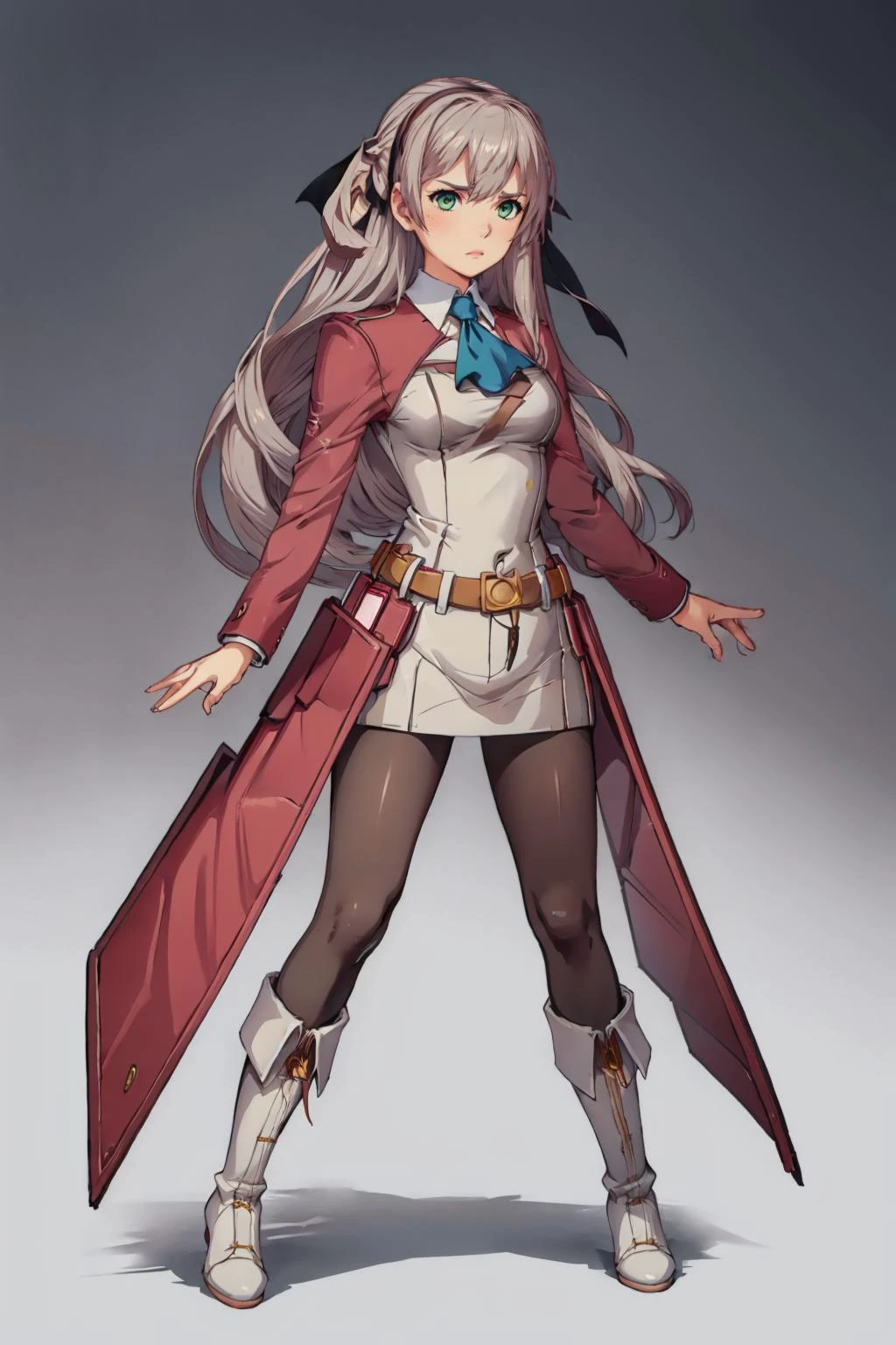 masterpiece, best quality, <lora:DDLC-Style_Fp:0.7> simple background <lora:elie-nvwls-v2-zero:0.8> elie macdowell, silver hair, green eyes, hairband, blue ascot, hair ribbon, long sleeves, belt, pantyhose, white boots, furrowed brow, standing
