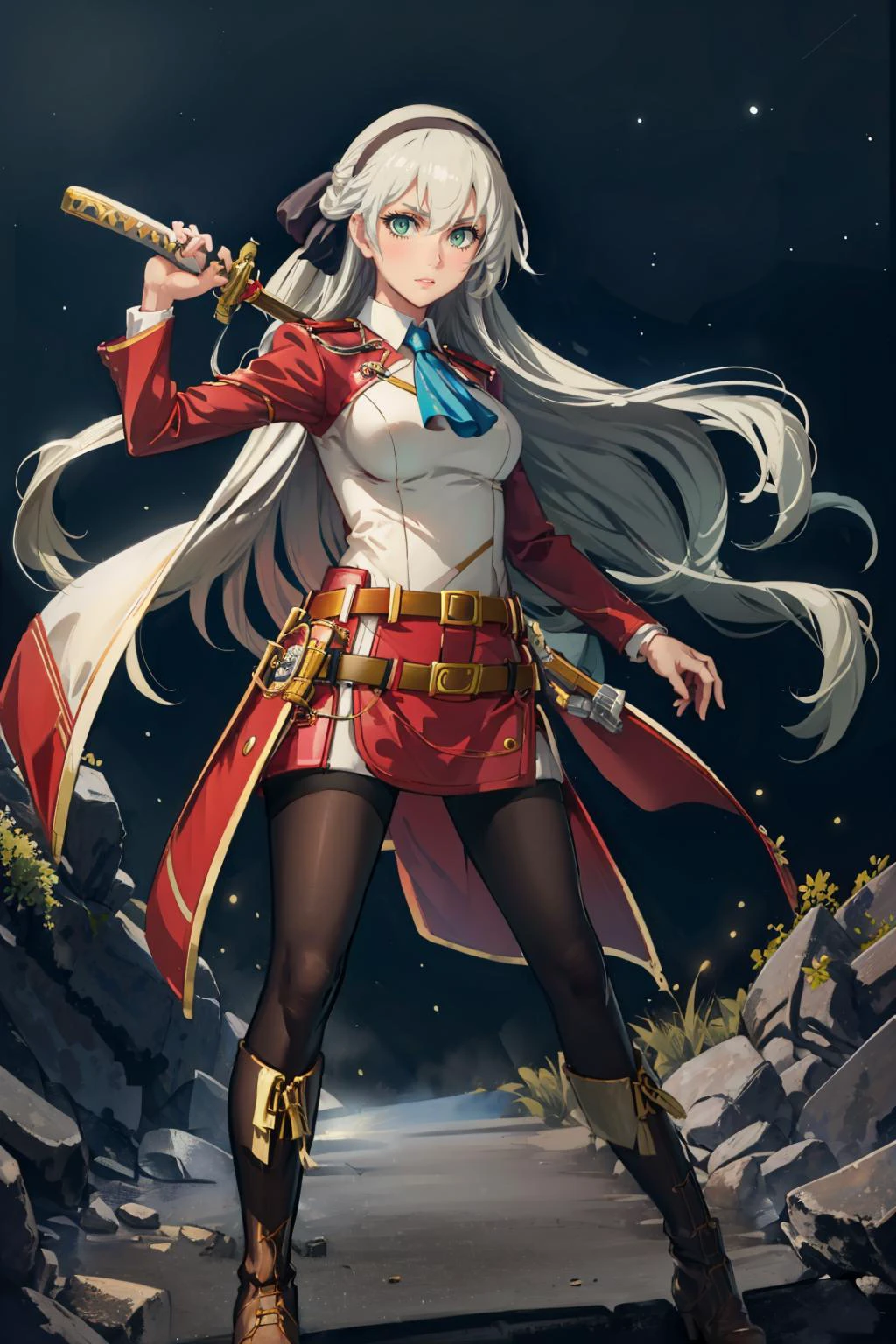 masterpiece, best quality, <lora:elie-nvwls-v2-zero:0.8> elie macdowell, green eyes, hairband, blue ascot, hair ribbon, long sleeves, belt, pantyhose, white boots <lora:UBWKatanaOneHand:0.8> KatanaOneHand, basic grip, night sky