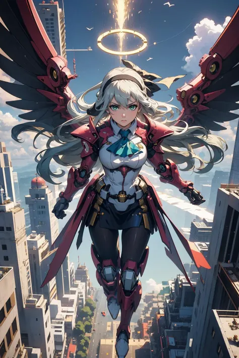 masterpiece, best quality, <lora:wrenchsmechs:1.1> wrenchsmechs, glowing, black mecha, halo, mechanical wings, long hair, blue sky, cityscape <lora:elie-nvwls-v2-zero:0.7> elie macdowell, green eyes, hairband, blue ascot, hair ribbon, pantyhose, white boots, from above, (flying:1.3), looking at viewer, furrowed brow, armored legwear, robot legs