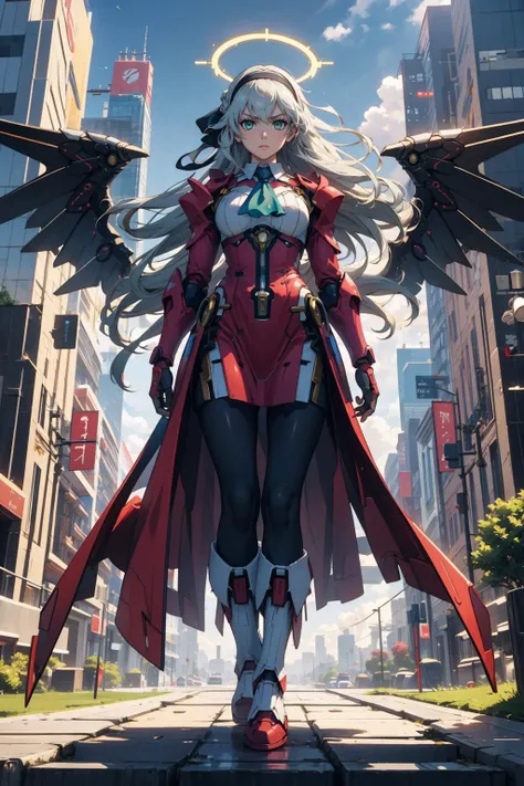 masterpiece, best quality, <lora:wrenchsmechs:1.1> wrenchsmechs, glowing, black mecha, halo, mechanical wings, long hair, blue sky, cityscape <lora:elie-nvwls-v2-zero:0.7> elie macdowell, green eyes, hairband, blue ascot, hair ribbon, pantyhose, white boots, standing, looking at viewer, from below, furrowed brow