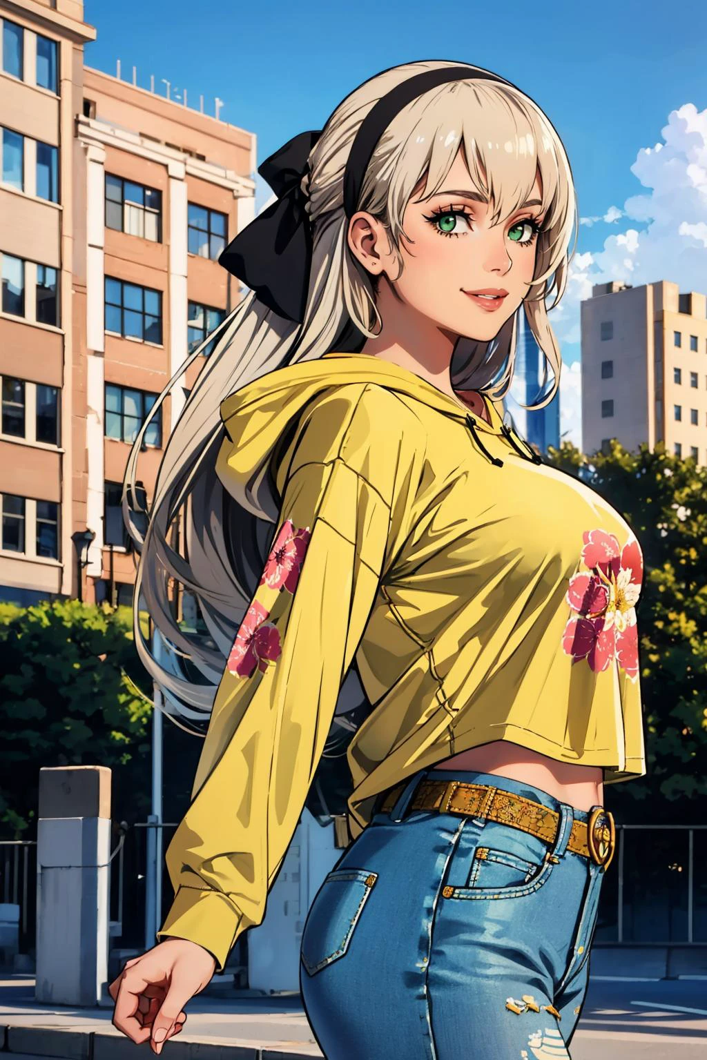 masterpiece, best quality, <lora:edgGoldenAgeHoodies:0.8> hoodie,edgGol, woman wearing edgGol_hoodie, yellow hoodie, floral print <lora:elie-nvwls-v2-zero:0.8> elie macdowell, green eyes, hairband, hair ribbon, large breasts, looking at viewer, cityscape, blue sky, smile