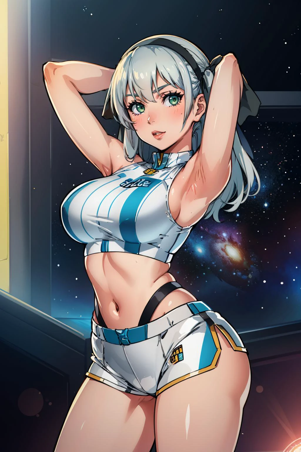 masterpiece, best quality, <lora:elie-nvwls-v2-zero:0.75> elie macdowell, green eyes, hairband, hair ribbon, looking at viewer <lora:AstroBabes:1.2> (sexy_scifi, wearing sexy_scifi,woman in a silver space costume,posing for a picture in space), sports bra, short shorts, shiny clothes, outer space, arms behind head
