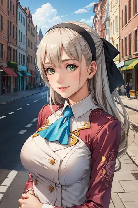 masterpiece, best quality, elie macdowell, hairband, hair ribbon, blue ascot, long sleeves, large breasts, upper body, portrait, looking at viewer, city street, smile, closed mouth, sky, clouds, own hands together <lora:elie-nvwls-v2-zero:0.9>