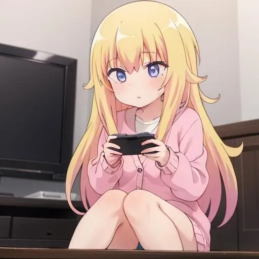 masterpiece, best quality, highres,1girl, <lora:gabriel:0.7>,gabriel,pink knit cardigan,dull pose,shiny blonde longhair,(playing game,sanpaku)