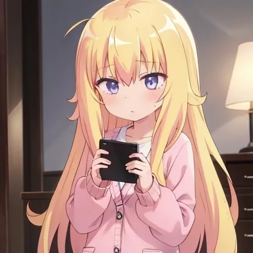 masterpiece, best quality, highres,1girl, <lora:gabriel:0.7>,gabriel,pink knit cardigan,dull pose,shiny blonde longhair,(playing game,sanpaku)