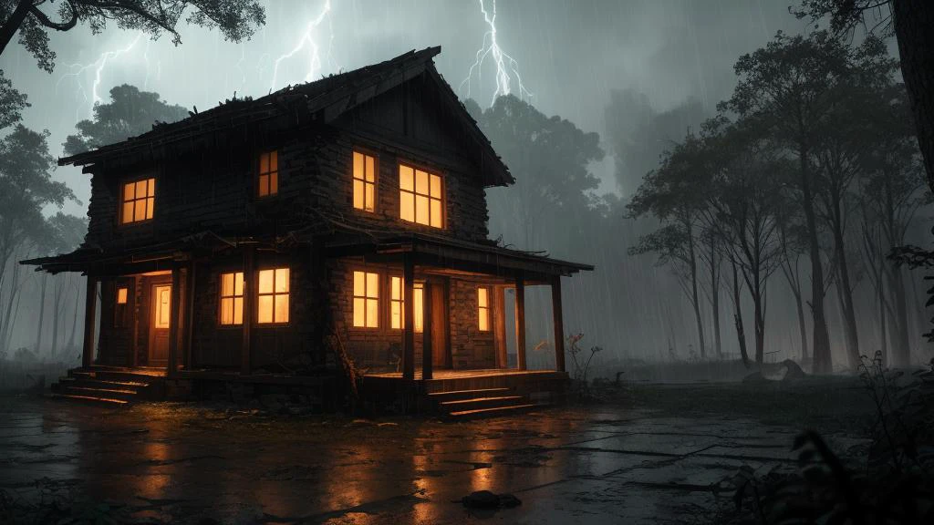 Night, Forgotten-ruins, remnants-of-forgotten-civilization, heavy-rain, sad, thunder, sheltered, small-fox, scared, glowing-runes , high-quality-textures, deep-dark-forest, paths, ruins, effects-od-time, spiderwebs, very-detailed,, masterpiece, high quality, absurdres, 8k, highres, highly detailed, official art,