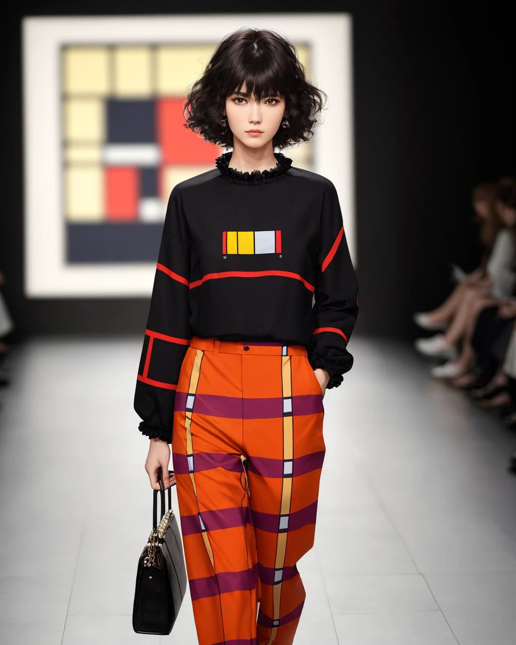 a model standing in front of dof background, split toning, (wearing (Piet Mondrian:1.1) print pants), (wispy fluffy hair:1.1)
