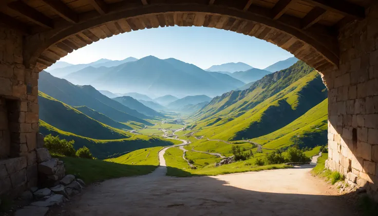 (abstract:1.3) landscape photograph with a winding path through the mountains, muted