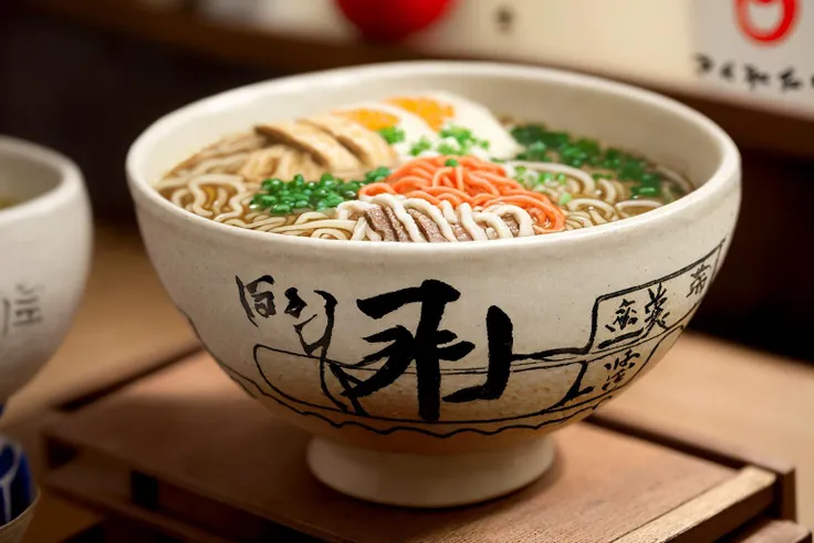 bowl of Japanese ramen, earthenware bowl, (Kanji:1.3), (Tokyo street:1.2), (dof:1.1), wavy noodles