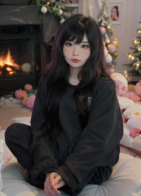 <lora:emiru:1>emirulol, glasses, pink and black pajamas, sitting by the fireplace, looking at camera, calm, serene, photorealistic, 8k uhd natural lighting, raw, rich, intricate details, key visual, atmospheric lighting, 35mm photograph, film, bokeh, professional, 4k, highly detailed, vivid colors