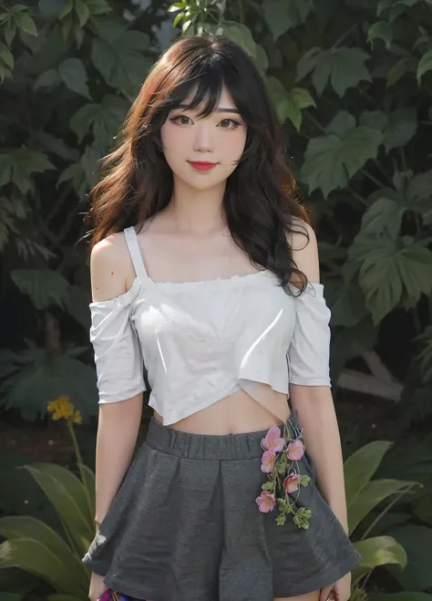 <lora:emiru:1>emirulol, (32K resolution, masterpiece, ultra high quality, best quality, ultra high definition, perfect anatomy, Incredibly detailed, RAW, ultra super realistic, photorealistic, cinematic lighting, exquisitely detailed, extremely intricate, 8k UHD, high resolution), (1girl), cropped off-shoulder tank top, skirt, elegant hair, standing in the middle of a flower field, seductive smile, dynamic vivid colors