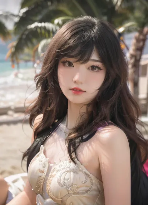 (top-quality、8K、masterpiece:1.3)、(30 year old young woman in formal clothes:1.2)、(She has a beautiful detailed style and large breasts:1.2)、Cuteness meets charm、beautifull detailed face、Her beautiful details shine through、Sunlight is shining、Fall in love with her charm、Detail style、Natural light、Sunlight reflected on the surface of the water、She wears a black bikini
