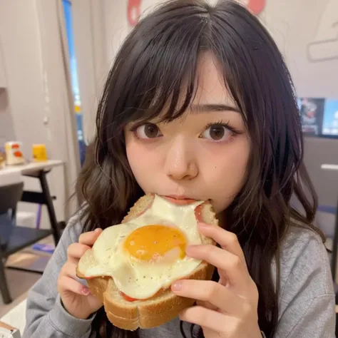 a girl eating a sandwich with an egg on it., <lora:emiruxl:0.7>, emirulolxl <lora:eatpan:0.8>