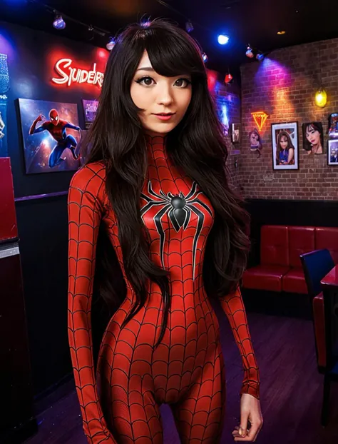 artbook,emirulolxl woman,wearing skintight spiderman costume,inside a comedy club,embarrass,<lora:EmiruXL:1>,