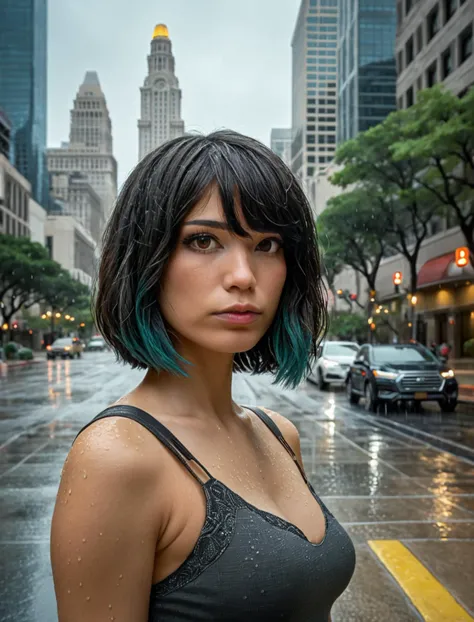 photo in the style of Alessio Albi,emirulolxl woman,walking on the sidewalk in downtown Austin Texas,casual,chin length bob cut,two-tone hair,thinking,medium breasts,skyscrapers in the background,light rain,wet street,stylish_pose,embedding:OverallDetailXL,<lora:EmiruXL:1>,ultra detailed face,high quality photography,skin pores,high detailed defined skin pores,ultra detailed skin,ray tracing,4k textures,8k resolution,shot on Canon EOS 5D II,