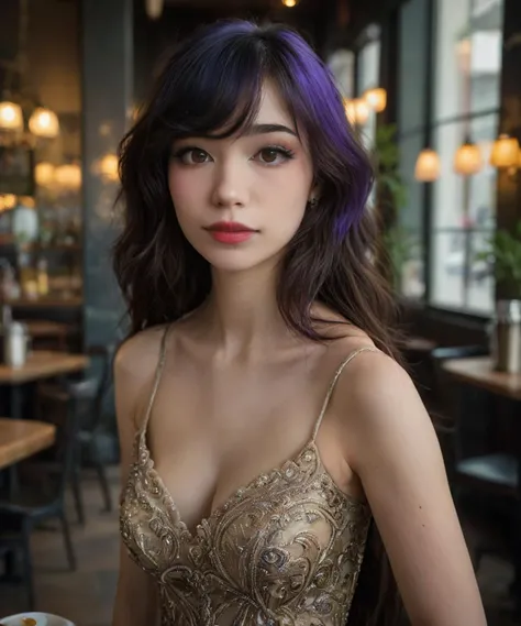 head and shoulders portrait,emirulolxl,formal_dress,cafe,smirk,high detailed defined skin pores,high quality photography,detailed irises and pupils,intricate details,moody,dynamic lighting,atmospheric haze,<lora:MJ52:0.3>,<lora:emiruxl:0.8>,