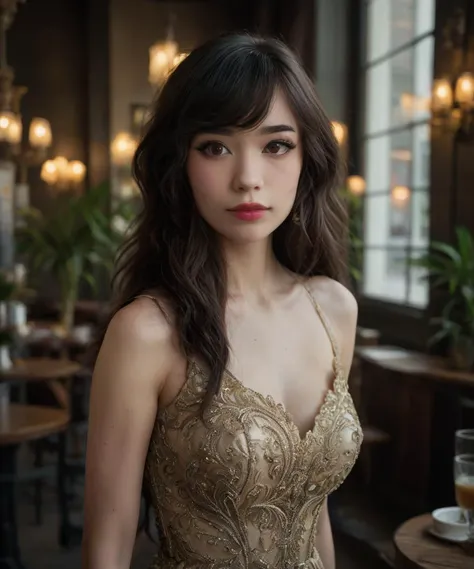 head and shoulders portrait,emirulolxl,formal_dress,cafe,smirk,high detailed defined skin pores,high quality photography,detailed irises and pupils,intricate details,moody,dynamic lighting,atmospheric haze,<lora:MJ52:0.3>,<lora:emiruxl:0.8>,