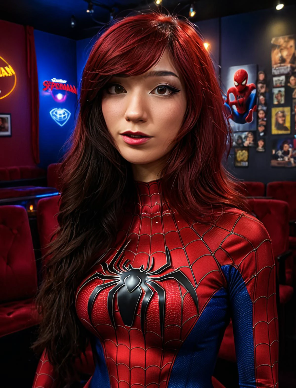 emirulolxl woman,wearing skintight spiderman costume,inside a comedy club telling jokes,high quality photography,skin pores,high detailed defined skin pores,ultra detailed skin,ultra detailed face,shot on Canon EOS 5D II,OverallDetailXL,4k textures,8k resolution,<lora:EmiruXL:1>,