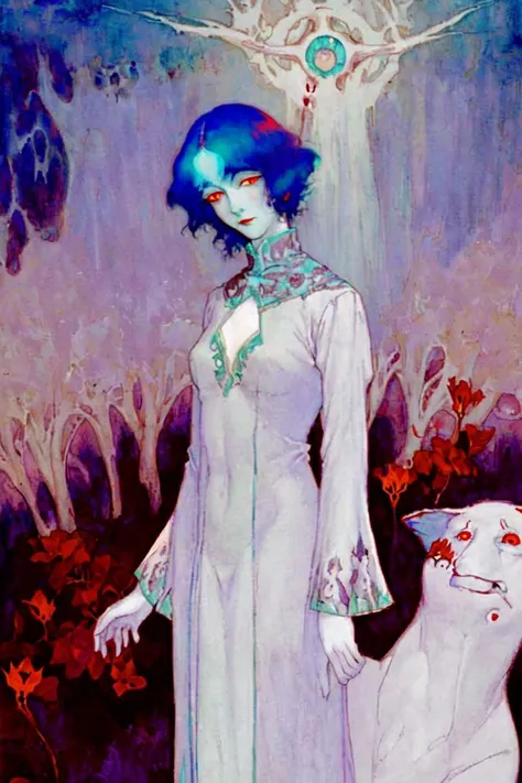 Edmund Dulac,
A tall woman with opalescent hair and red eyes, wearing a white suit