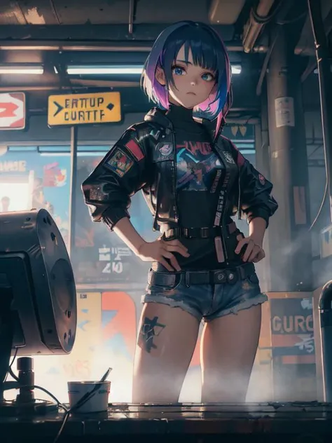 (Distant View),fantacy ,(girl:1.4),long hair,impressionist,rich gradient,extreme colors,extreme details,cute girl,night,future tech,white and blue hair,cyberpunk 2077,layered short hair,colorful hair,dirty street,steam,fog,indoor,cute face,(oil paint),sci-fi,Graffiti,hall,military