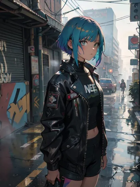 (Distant View),fantacy ,(girl:1.4),long hair,impressionist,rich gradient,extreme colors,extreme details,cute girl,night,future tech,green hair,cyberpunk 2077,layered short hair,colorful hair,dirty street,steam,fog,indoor,cute face,(oil paint),sci-fi,Graffiti,hall,military,maintenance,water