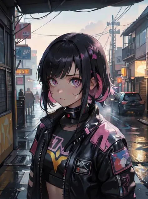 (Distant View),fantacy ,(girl:1.4),long hair,impressionist,rich gradient,extreme colors,extreme details,cute girl,night,future tech,pink and black hair,cyberpunk 2077,layered short hair,colorful hair,dirty street,lanterns,steam,fog,indoor,cute face,(oil paint),sci-fi
