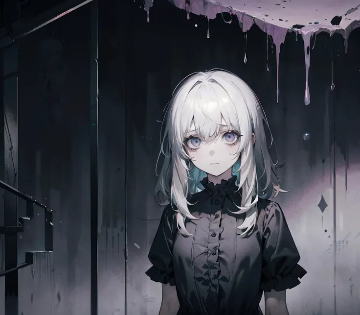 ((masterpiece, solo)), (1girl:1.44), very long messy hair, (dread), very pale skin, pale blue eyes, (gloomy), (dark atmosphere), tired, bags under eyes, dimly lit, dark aesthetic, ((empty eyes)), ((dark messy room)), loneliness, emptiness, ((depressed)), (white dress), white hair, depression, short sleeves, intricate, (abstract), (Best quality), (Extremely Detailed CG Unity 8k Wallpaper), <lora:bags_under_eyes_v1:1>