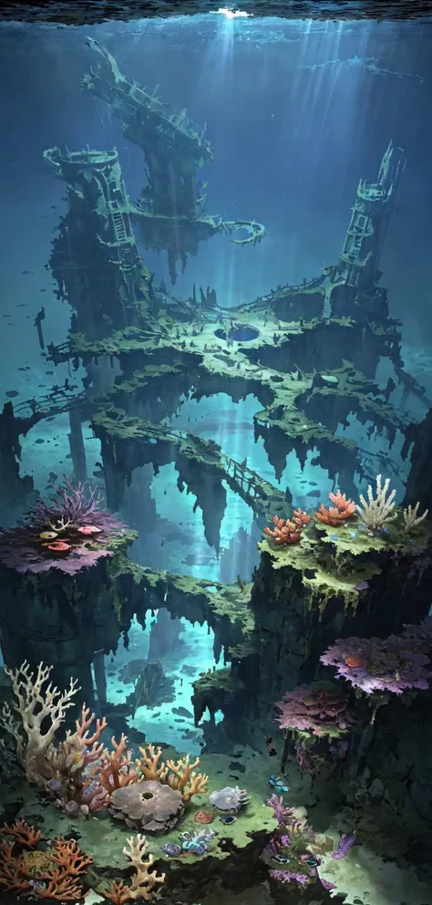 ruins of a city in the abyss, atlantis, algae, sunlight piercing through the surface, big fish from the abyss, sea monsters, masterpiece, high detail, absurdres, colorful corals, wrecks of one ship on the seabed