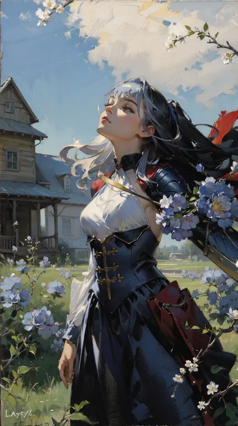 a girl,vine_whip,<lora:classic_oil_painting:0.2>,the surface of the water,FAIRY KNIGHT LANCELOT (FATE),mystyhw,secluded,outdoors,<lora:melusine:0.9>,facing left,light blue flowers,standing_on_liquid,armor,eyes_closed,suneate,in a meadow,look up,, (style of Jon Foster:0.2),(style of Alex Russell Flint:0.2),(style of Bob Eggleton:0.2),(style of Pino Daeni:0.2),BREAK (oil painting:1.2),(oil painting style),illustration,Fantasy Art,mystique,visual impact,incredible details