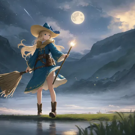 (((real picture, intricate details))),masterpiece, best quality, ultra-detailed, illustration, 1girl, solo, fantasy,, night sky, outdoors, moon, stars, clouds, wind, hair, cape, hat, boots, broomstick, glowing, mysterious, enchanting, whimsical, playful, adventurous, freedom, wonder, imagination, determination,, 2 legs, 2 arms, movement, energy, realism, naturalistic, figurative, representational, beauty, fantasy culture, mythology, fairy tales, folklore, legends, witches, wizards, magical creatures, fantasy worlds, composition, scale, foreground, middle ground, background, perspective, light, color, texture, detail, beauty, wonder, 4k, 8, high detail, high resolution, colorful, medium brest, 20 year old,2 feet, 2 hand, full,grain, blur, motion blur, brooms,Realisian