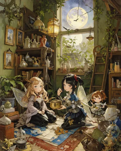 masterpiece, best quality, fairytale, magical, beautiful, watercolor painting by Brian Froud,
(cute, 3girls, fairies, fairy wings, in leather armor, wearing sneakers), (chibi:1.3), (detailed face, detailed eyes:1.2), looking at viewer
BREAK
indoors,
moonlit night, starry sky, moonbeams,
window, open window, (books:0.8), (paintings:1.2), scrolls, potions, paintings, candles, hourglass, clock, orrery, astrological symbols, houseplants, vines, fireflies, birdcage, (lanterns:0.7), fireplace, hearth, persian rug, board games, copper kettle,
BREAK
irregular, cozy multi-level house, staircase, higgledy-piggledy home, with nooks and crannies, mezzanine, (shelves:0.6)
Clutter-Home
<lora:akihikoYoshidaBravelyDefault_1:0.4> <lora:Bespin-epoch-000004:0.4> <lora:kyouyasai4423_20230113-epoch-000004:0.6>
post-impressionist