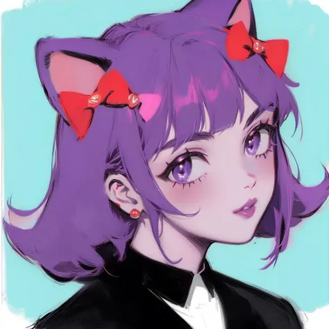 1girl,<lora:GoodHands-vanilla:0.9>,<lora:retro3:0.7>,<lora:my_LoRA_masunya_v3:0.6>,MASUNYA,CAT EARS,PURPLE SKIN COLOR,HAIR BOW,