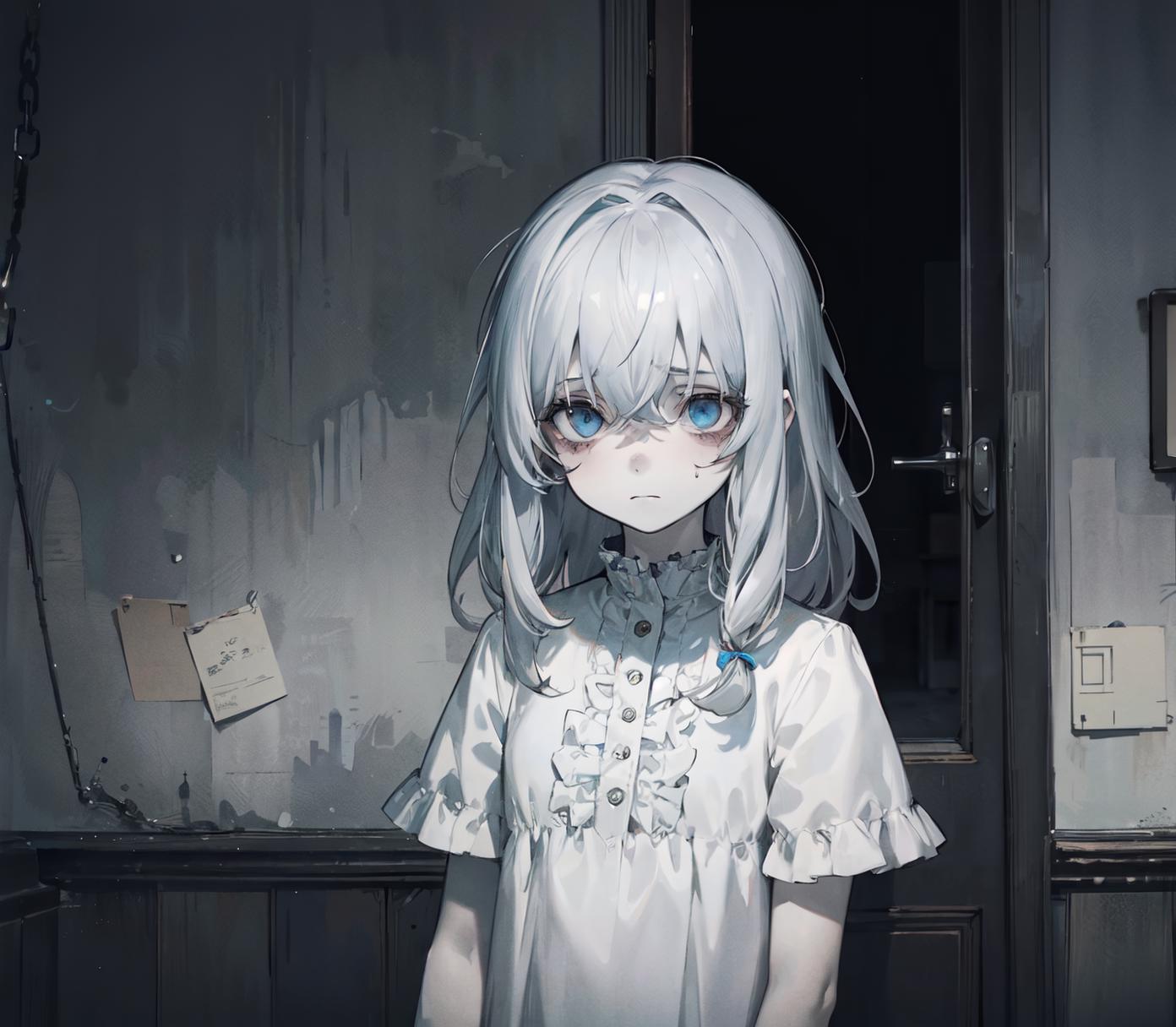 Anime girl with white hair and blue eyes standing in front of a door ...