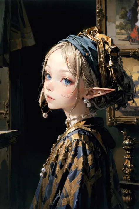 absurdres , highres, ultra detailed, (teenage elf 1girl:1.3), 
BREAK, silver hair, twin braids, pale skin, 
BREAK, (pearl earrings:1.3), ear focus, blue turban,
BREAK, from side, looking at viewer, portrait, 
BREAK, rich gradient, extreme colors, extreme details, clear light perception, 
BREAK, (Johannes Vermeer, impressionist, oil painting:1.2), anime character, pastel colors, 
BREAK, <lora:add_detail:1.0>, <lora:Silicon-landscape-isolation:1>, <lora:GoodHands-vanilla:1>